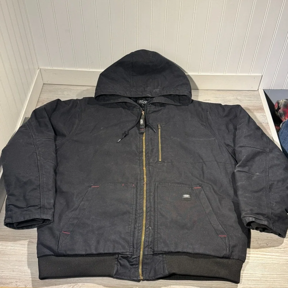 RW Rugged Wear Heavy Duty Hooded Work Jacket Men's Sz XL Black 3M Thinsulate
